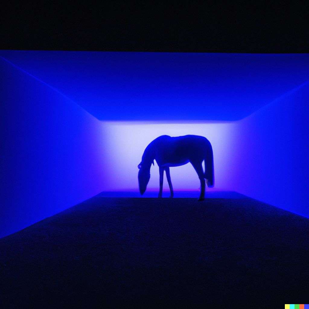 a horse in a light installation by James Turrell, photograph